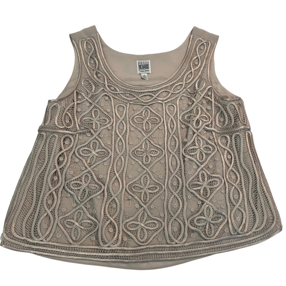 R&M Richards Beige Embroidered Mesh Top‎ Sz 16 Boho Y2K Elegant Chic